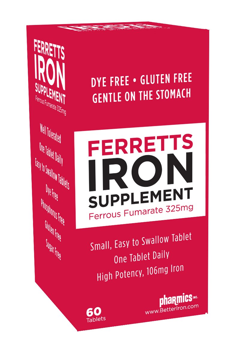 Ferretts Iron Tablets 106mg (325mg Ferrous Fumarate) - 60 Day Supply of High Potency Iron Supplements for Women & Men - Gentle & Non-Constipating Iron Supplements for Anemia - 60 Iron Pills Per Bottle