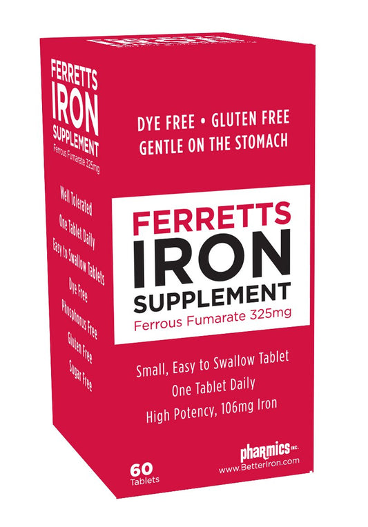 Ferretts Iron Tablets 106mg (325mg Ferrous Fumarate) - 60 Day Supply of High Potency Iron Supplements for Women & Men - Gentle & Non-Constipating Iron Supplements for Anemia - 60 Iron Pills Per Bottle
