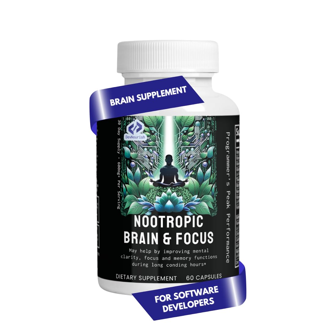 DEVNOURISH Nootropic Brain Supplements for Memory and Focus | Designed for IT Professionals | Memory Supplements for Brain and Focus Supplement with GABA L Theanine Bacopa DMAE (60 Capsules)