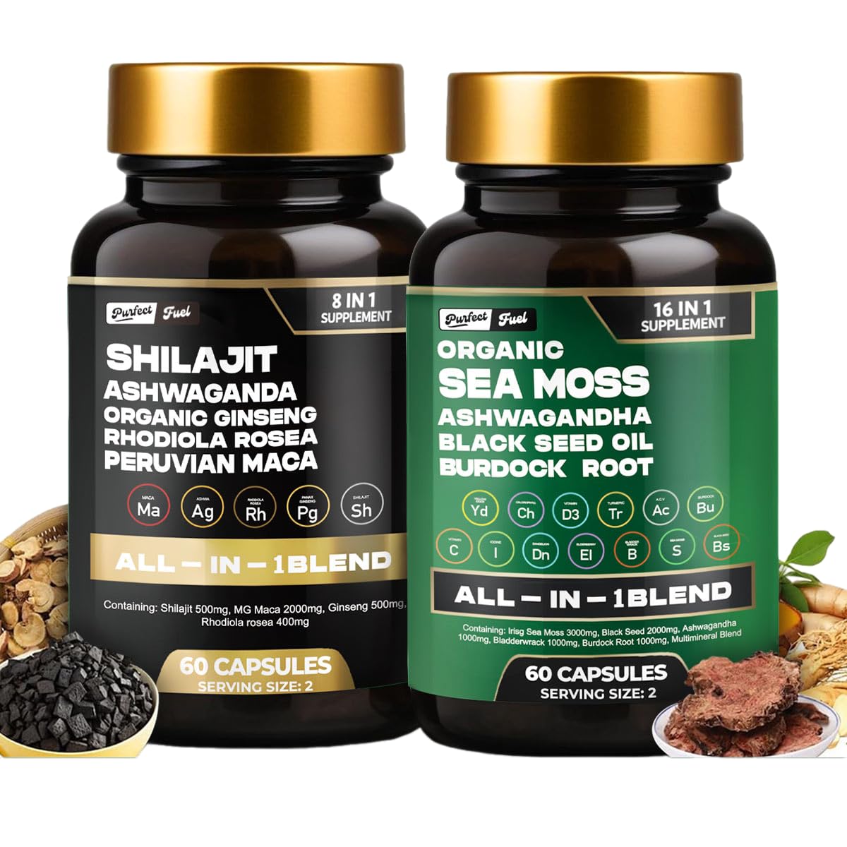 Purfect Fuel Organic Sea Moss and Shilajit Bundle Sea Moss Black Seed Oil Ashwagandha Ginger Blend Supplements for Immune Support Supplements for Men and Women 60 Capsules